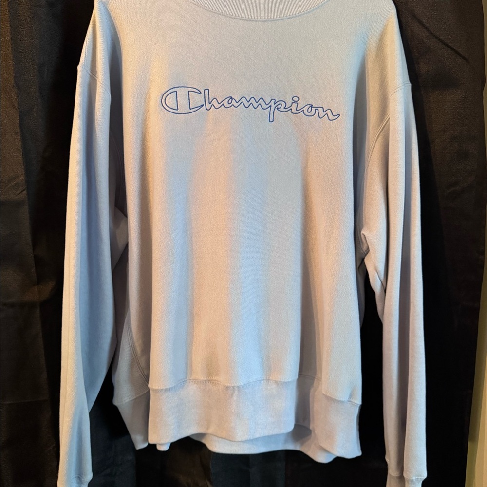 Champion Men's reverse weave embroidered Light blue Crewneck Sweater